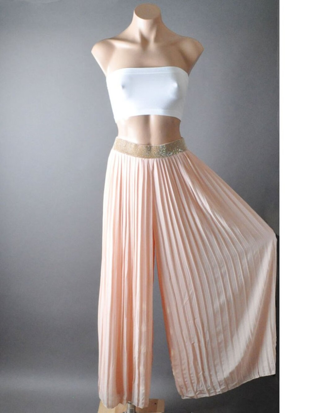 Beige Cream Evening Rhinestone Long Wide Leg Pleated Palazzo Waistband Pants